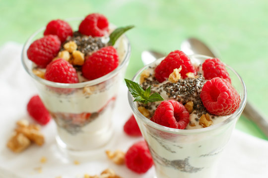 Yogurt with chia seeds, walnuts and raspberries