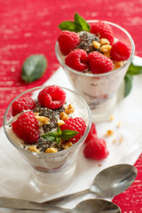 Yogurt with chia seeds, walnuts and raspberries