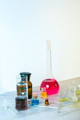 Chemical laboratory equipment, analyzes, laboratory reagents, liquid for blood testing. Background with copy space for text