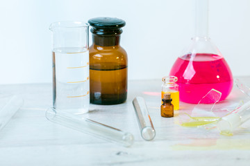 Chemical laboratory equipment, analyzes, laboratory reagents, liquid for blood testing. Background with copy space for text