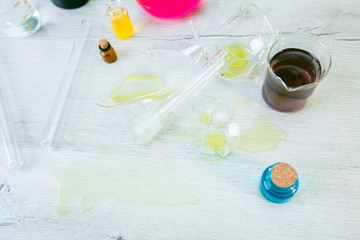 Chemical laboratory equipment, analyzes, laboratory reagents, liquid for blood testing. Background with copy space for text