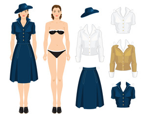 Paper doll with paper clothes. Body template. Vector illustration of vintage clothes in forties style. Pretty girl in blue dress, black shoes with lace and hat