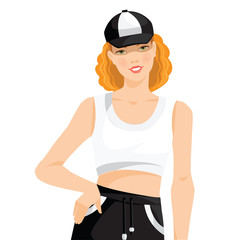 Vector illustration of smiling girl in sport top and cap isolated on white background