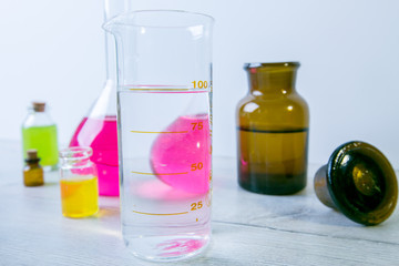 Chemical laboratory equipment, analyzes, laboratory reagents, liquid for blood testing. Background with copy space for text