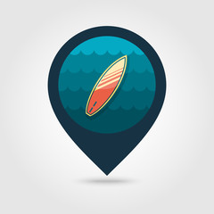 Surfboard on water pin map icon. Summer. Vacation