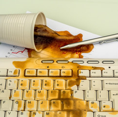 Kaffee wird im Büro auf Computer durch Missgeschick verschütte