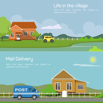 Outdoor side view on village house in countryside with bushes and lake, trees and car or jeep, sun and cloud, fence or palisade, mail delivery automobile