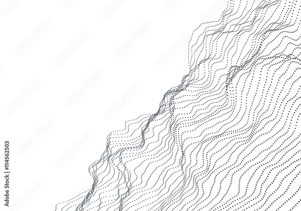 Poster abstract 3d rendering of waves with particles on white background. futuristic background with lines 