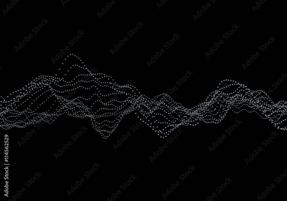 Poster abstract 3d rendering of waves with particles on black background. futuristic background with lines 