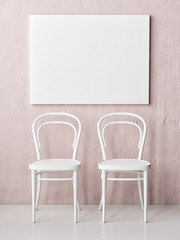 Mock up poster, two chairs in front of rose wall, 3d render