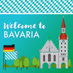 Welcome to Munich, Germany, Europe vector banner. Flat design illustration - Munich, Bavaria, Germany with landmark, trees, church. Travel around Europe