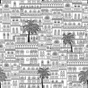 Hand drawn seamless pattern of arabesque houses and palm trees