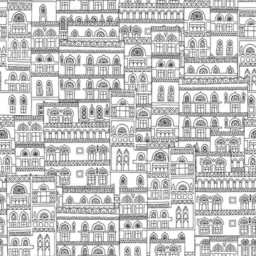 Hand drawn seamless pattern of arabesque houses