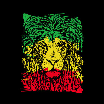 Rasta theme with lion head on black background. Vector illustration.