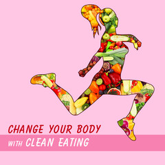 Female silhouette with fruits and vegetables. Clean eating concept
