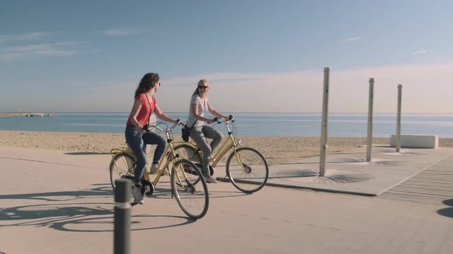 Young Adult Tourists cycling on beach in summer