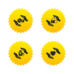 Hands insurance icons. Health medical pills.