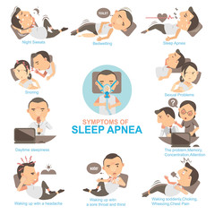 Sleep Apnea /Man Symptoms and signs sleeping apnea  The impact on married life and his work.Info Graphics vector illustrations