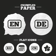 Language icons. EN, DE, RU and CN translation.