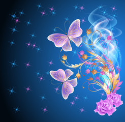 Transparent butterflies with floral ornament and firework