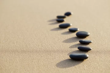 Gartenposter Steine ​​im Sand Satz von heißen Steinen auf weißem Sand ruhigem Strand in Rückgratform. sel