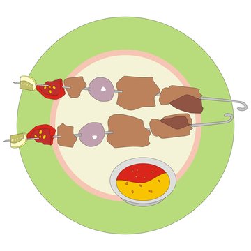 Illustration serving kebabs on skewers with with sweet and sour sauce on a round plate