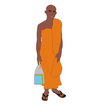 Illustration Buddhist monk student wearing an orange robe in Thailand isolated on white background