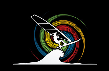 Windsurfing designed on spin wheel background graphic vector.