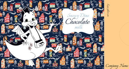 Chocolate packaging design. Happy dragon on background of winter town. Vector illustration.
