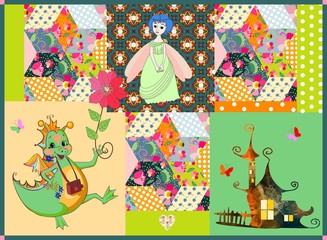 Childish patchwork pattern with fairyland. Colorful patches with flowers and ornaments. Happy dragon, fairy and little castle. Vector illustration.