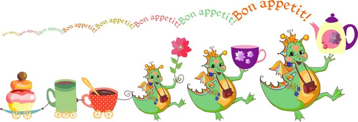 Obraz premium Happy dragons wish bon appetit. Cute card with dragons, teacups and cupcake train. Vector illustration.