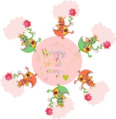 Obraz na płótnie Canvas Happy birthday card with cute dragons and colorful lettering. Vector illustration.
