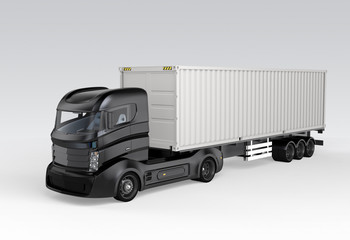 Black container truck isolated on gray background. 3D rendering image.