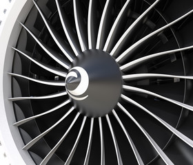 Close-up of jet fan engine turbo blades. 3D rendering image.