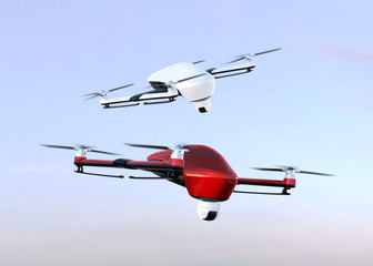 Security drones with camera flying in the sky. 3D rendering image.