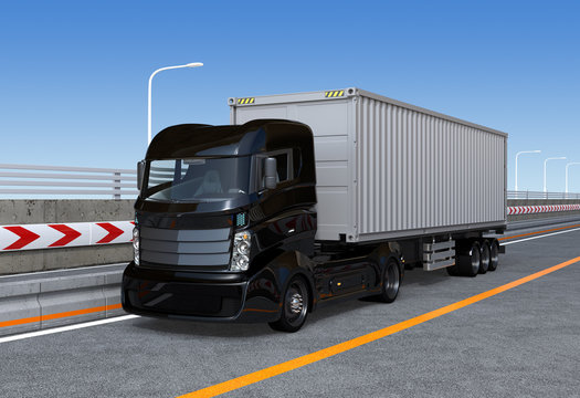 Black container truck on the highway. 3D rendering image.