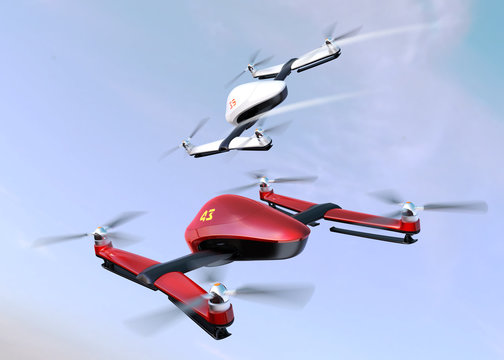 Racing drones chasing in the sky. 3D rendering image.