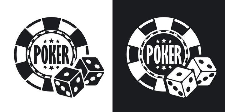 Poker chips with two dices, vector icon. Two-tone version on black and white background