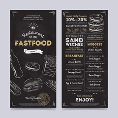 Fotobehang Fastfood restaurant menu template design on chalkboard background vector illustration. Cafe food brochure. Vintage menu design. © studioworkstock