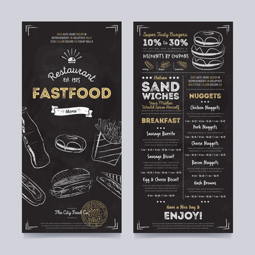 Fastfood restaurant menu template design on chalkboard background vector illustration. Cafe food brochure. Vintage menu design.