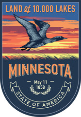 Миннесота, штат Америки, стилизованная эмблема, Гагара на закате на синем фоне