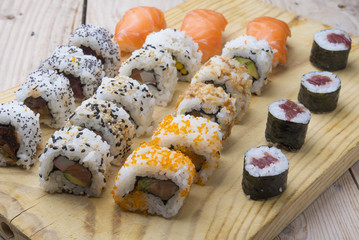 Different Sushi rolls,wasabi and ginger on a plate on wooden bac