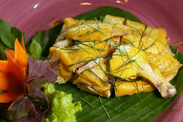 Vietnamese steamed chicken with thinly sliced lemon leaf