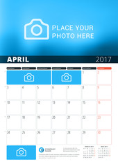 April 2017. Wall Calendar Planner Template for 2017 Year. Vector Design Print Template with Place for Photo and Notes. Week Starts Monday. 3 Months on Page