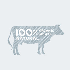 Silhouette of cow, shading, doodle, drawing by hand Farm shop, cow milk Diagram and Design Elements in Vintage Style. Vector