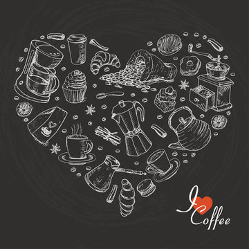The isolated heart of coffee items on black background