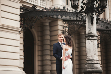 Beautiful wedding couple, bride, groom kissing and hugging against the background of theater