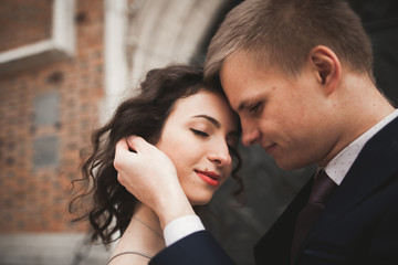 Gorgeous wedding couple, bride, groom posing near old gate building