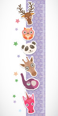 Children height meter wall sticker. Set of funny animals muzzle lilac stiker with stars. Vector