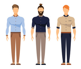 Men in office clothes. Casual Outfit, Business, Hipster Style. Vector Flat Illustration. Designer, Architect, Illustrator at Work.